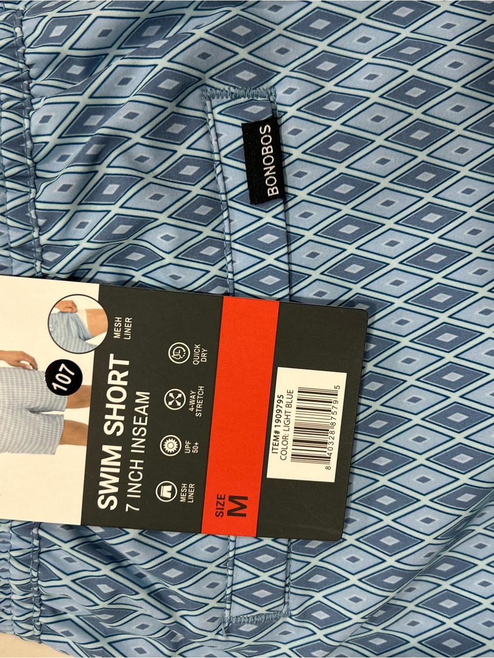 Bonobos Mens Swim Short 7 Inch Inseam Light Blue Diamond 1909795 M - Picture 3 of 4